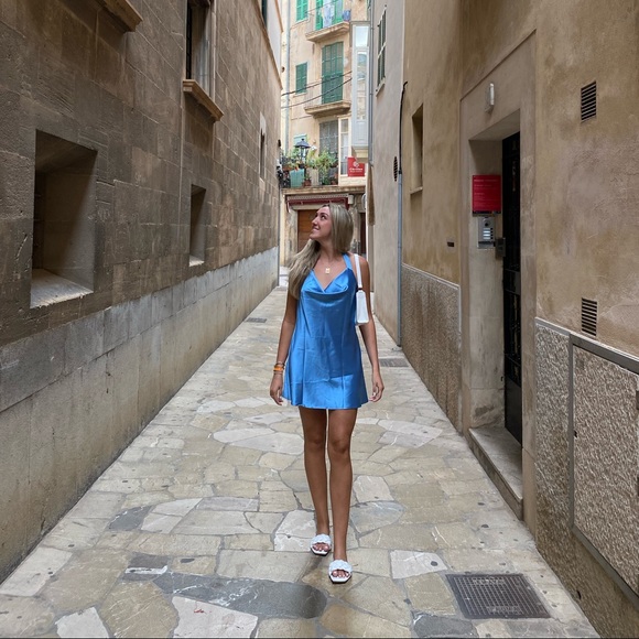 AMAZON Blue Satin Mini Dress L - Picture 3 of 4